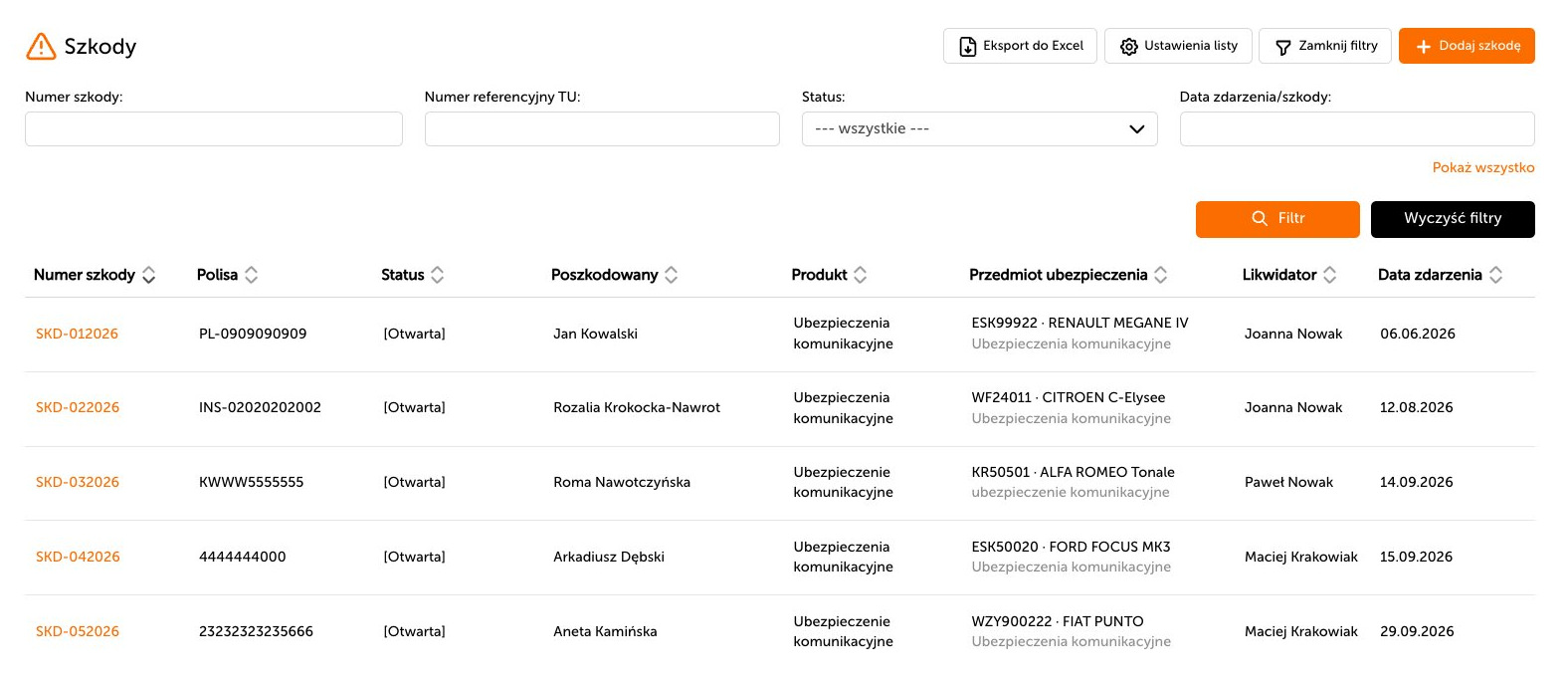 Rejestr szkód w programie dla brokera Insly: filtry po numerze szkody, numerze referencyjnym TU, statusie i dacie oraz lista szkód z polisą, poszkodowanym, przedmiotem ubezpieczenia i likwidatorem